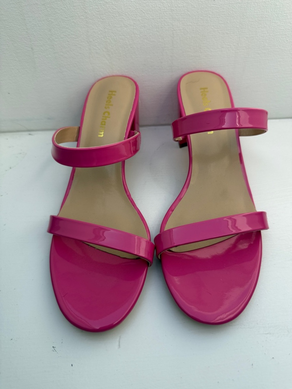 Patent Double-Strap Slide Sandals in Bright Pink